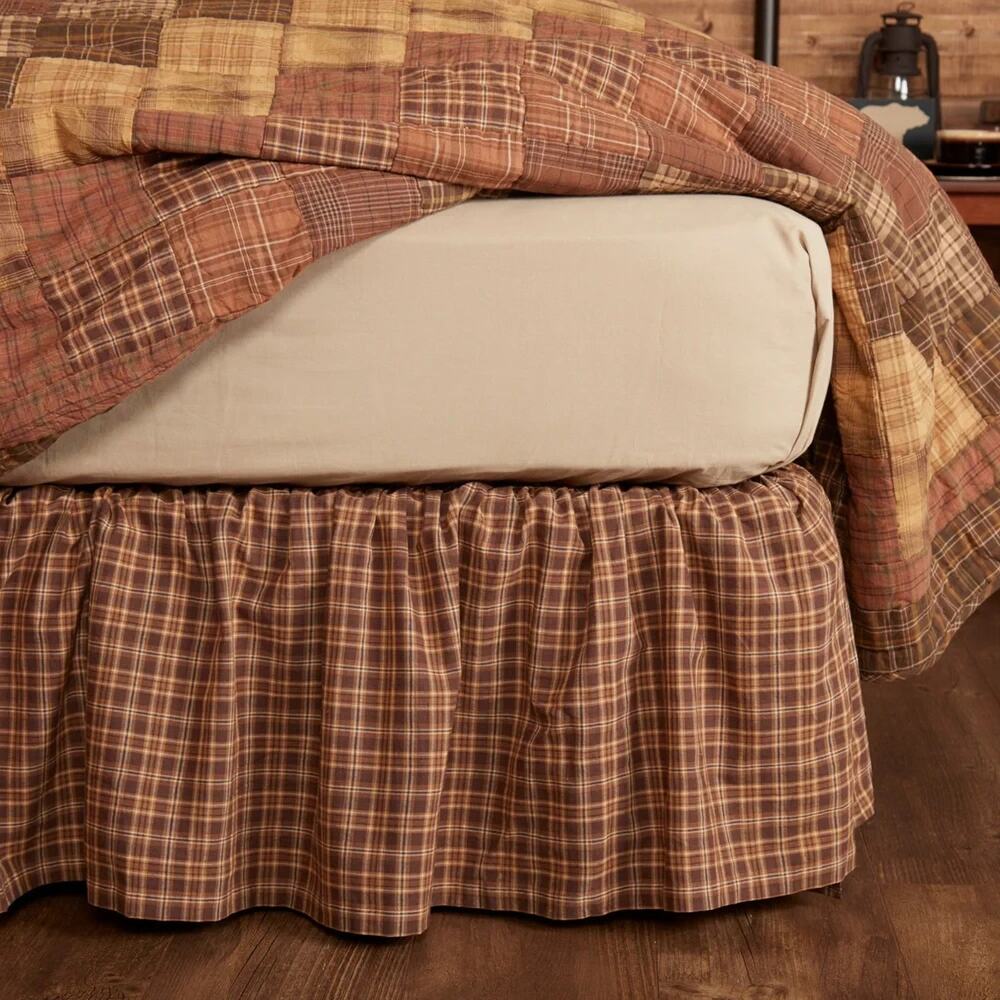 New VHC Brands Prescott Ruffled Bed Skirt Brown Plaid QUEEN 100% Cotton